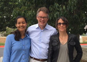 (L-r) Alan Turing Memorial Scholarship recipient Valeria Gonzales, Sir Dermot Turing and former CNS staff member Kathy Krane. The three and CNS staffer Jennifer Follkestad sat together at a private lunch following Sir Dermot's talk. "It was a treat," said Folkestad. "He has a charismatic personality and the ability to tell amusing stories. I just started reading Sir Dermot's fascinating book about Alan Turing and it's a great read."
